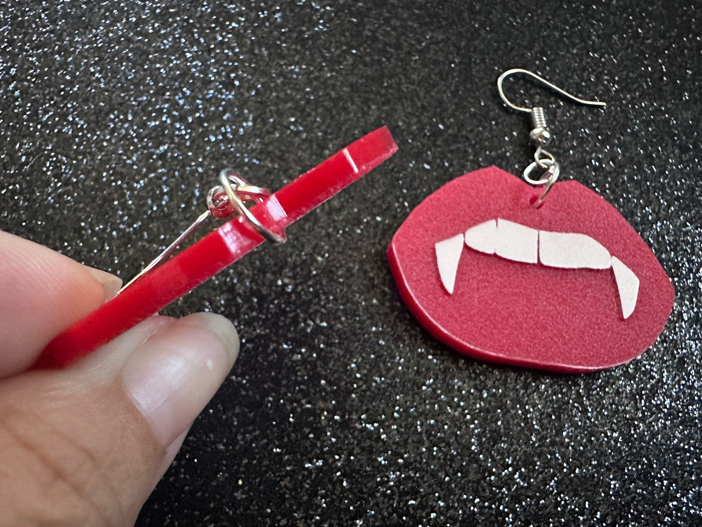 Red Vampire Lip Earrings: Laser Cut Acrylic Lips, Girl, Woman, Vampire, Kiss, Halloween, Valentines, Fangs, Best Gifts for Her/Him/Them