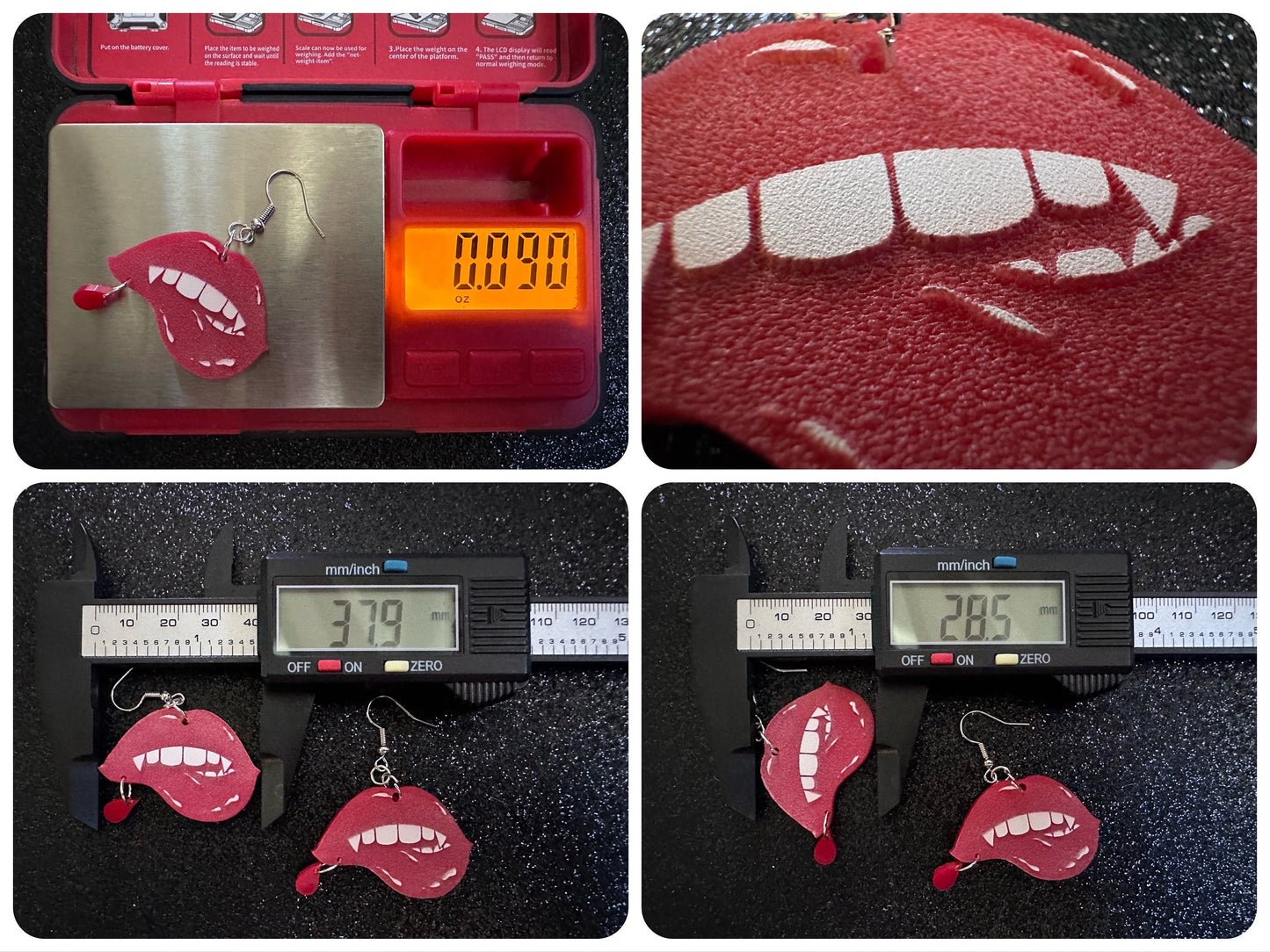 Red Vampire Lip Earrings: Laser Cut Acrylic Lips, Girl, Woman, Vampire, Kiss, Halloween, Valentines, Fangs, Best Gifts for Her/Him/Them