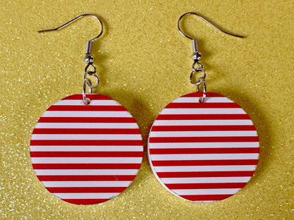 Red & White Stripe Earrings: Laser Cut Acrylic Stripes, Horizontal Stripes, Vertical Stripes, Diagonal Stripes, Best Gifts for Her/Him/Them