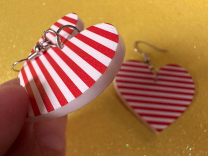 Red & White Stripe Earrings: Laser Cut Acrylic Stripes, Horizontal Stripes, Vertical Stripes, Diagonal Stripes, Best Gifts for Her/Him/Them