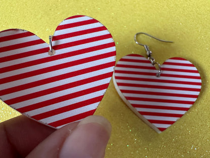 Red & White Stripe Earrings: Laser Cut Acrylic Stripes, Horizontal Stripes, Vertical Stripes, Diagonal Stripes, Best Gifts for Her/Him/Them