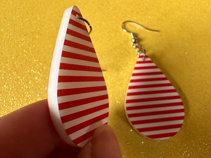 Red & White Stripe Earrings: Laser Cut Acrylic Stripes, Horizontal Stripes, Vertical Stripes, Diagonal Stripes, Best Gifts for Her/Him/Them