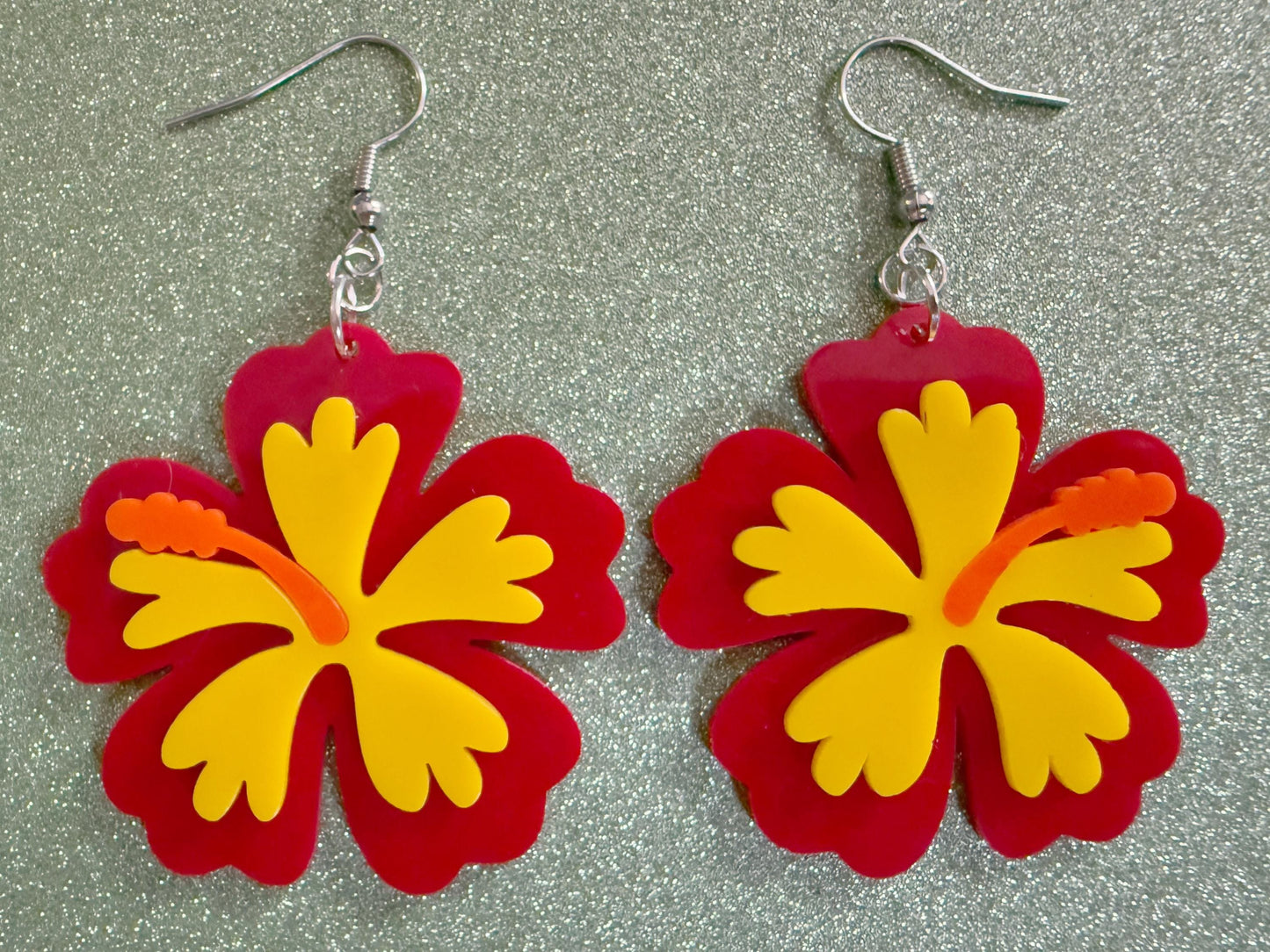 Red Yellow Hibiscus Earrings: Laser Cut Acrylic Flowers, Floral, Flower, Hawaii, Maui Strong, Summer Vibes, Best Gifts for Her/Him/Them