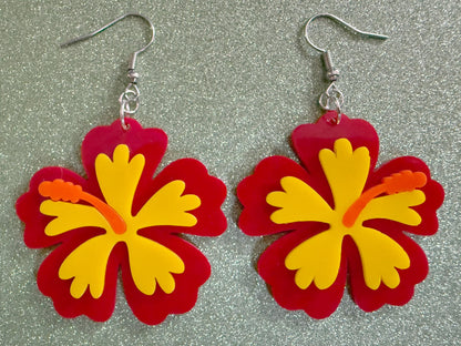 Red Yellow Hibiscus Earrings: Laser Cut Acrylic Flowers, Floral, Flower, Hawaii, Maui Strong, Summer Vibes, Best Gifts for Her/Him/Them