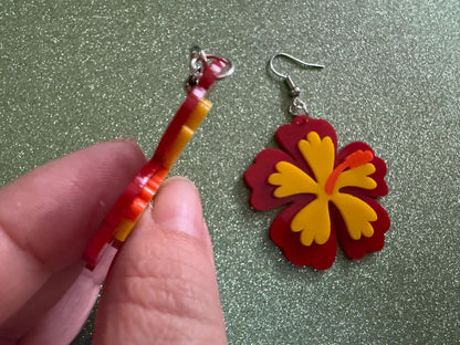 Red Yellow Hibiscus Earrings: Laser Cut Acrylic Flowers, Floral, Flower, Hawaii, Maui Strong, Summer Vibes, Best Gifts for Her/Him/Them