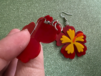 Red Yellow Hibiscus Earrings: Laser Cut Acrylic Flowers, Floral, Flower, Hawaii, Maui Strong, Summer Vibes, Best Gifts for Her/Him/Them