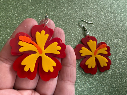 Red Yellow Hibiscus Earrings: Laser Cut Acrylic Flowers, Floral, Flower, Hawaii, Maui Strong, Summer Vibes, Best Gifts for Her/Him/Them