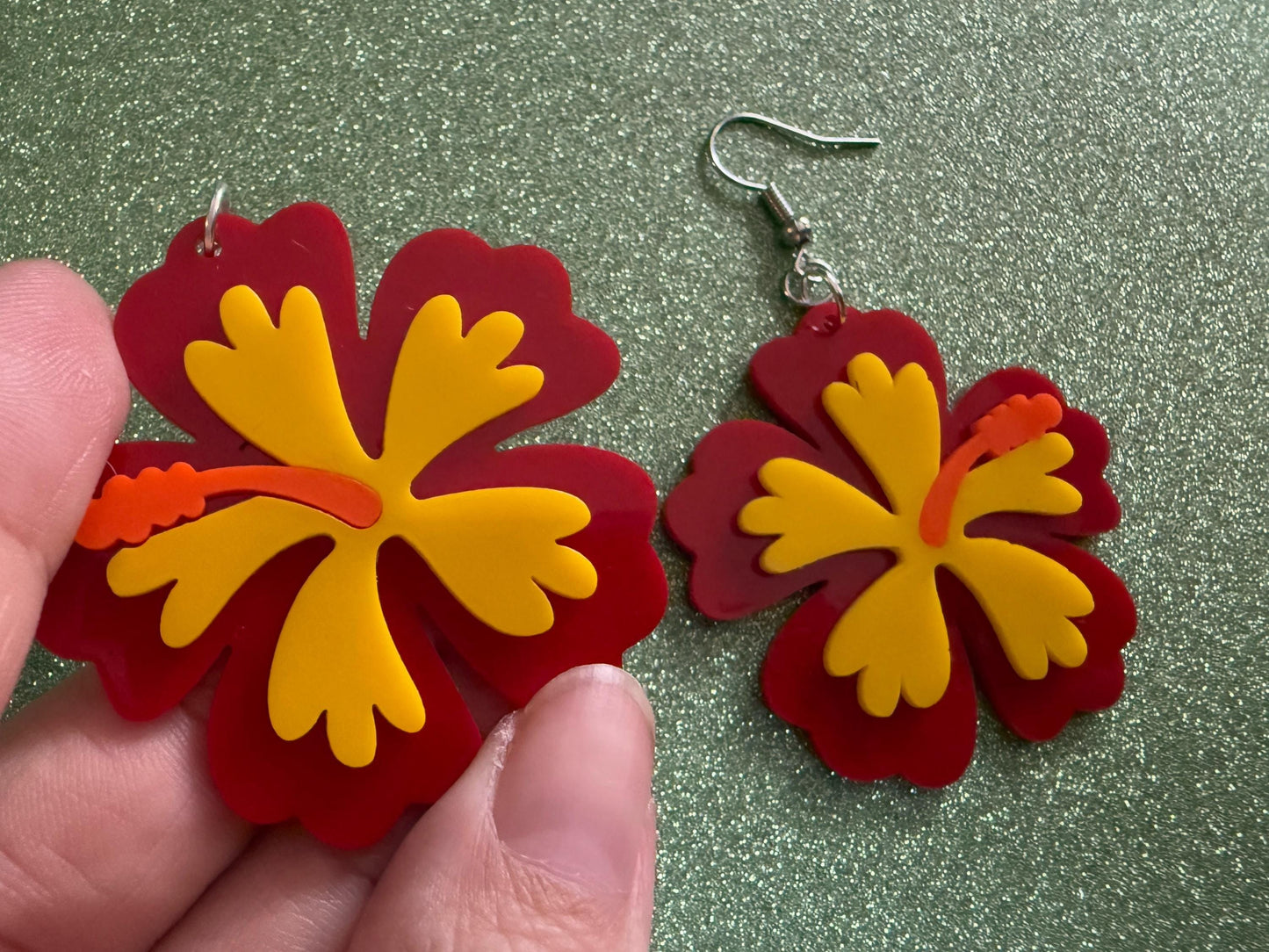 Red Yellow Hibiscus Earrings: Laser Cut Acrylic Flowers, Floral, Flower, Hawaii, Maui Strong, Summer Vibes, Best Gifts for Her/Him/Them