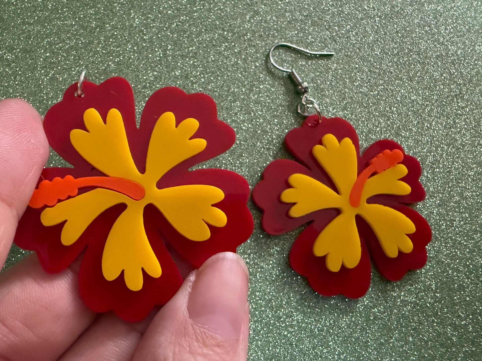 Red Yellow Hibiscus Earrings: Laser Cut Acrylic Flowers, Floral, Flower, Hawaii, Maui Strong, Summer Vibes, Best Gifts for Her/Him/Them
