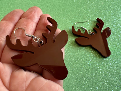 Reindeer Christmas Earrings: Light Brown Laser Cut Acrylic Deers, Xmas, Rudolf, Holiday, Deer, Winter, Best Gifts for Her/Him/Them