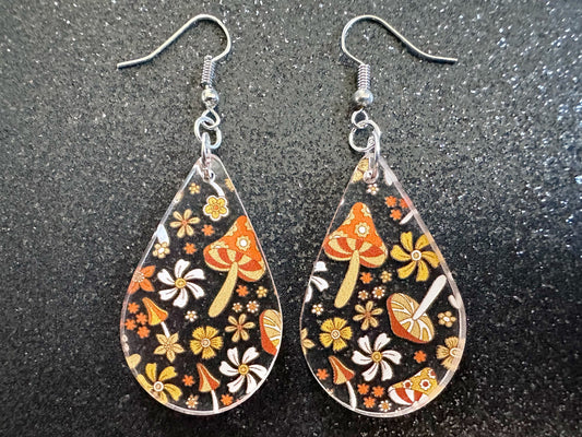 Retro Mushroom Earrings: Laser Cut Acrylic Mushrooms, Orange, Amanita, Forest, Green, Insects, Cottage Core, Best Gifts for Her/Him/Them