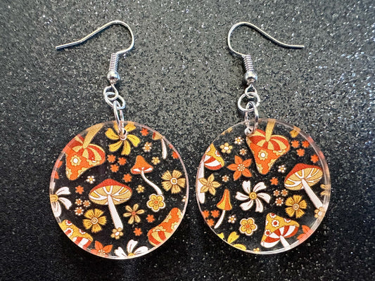 Retro Mushroom Earrings: Laser Cut Acrylic Mushrooms, Orange, Amanita, Forest, Green, Insects, Cottage Core, Best Gifts for Her/Him/Them