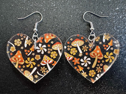 Retro Mushroom Earrings: Laser Cut Acrylic Mushrooms, Orange, Amanita, Forest, Green, Insects, Cottage Core, Best Gifts for Her/Him/Them