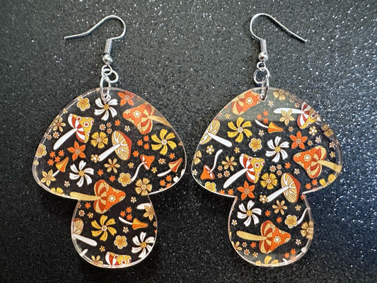 Retro Mushroom Earrings: Laser Cut Acrylic Mushrooms, Orange, Amanita, Forest, Green, Insects, Cottage Core, Best Gifts for Her/Him/Them