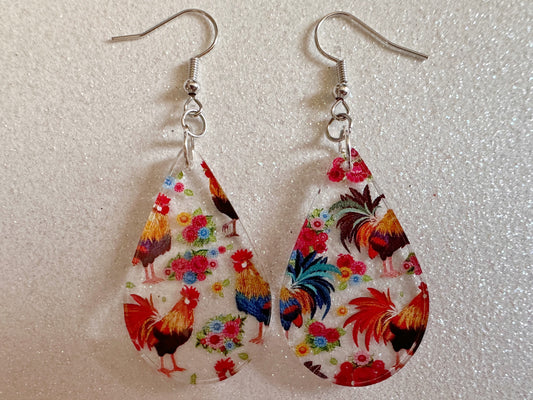 Rooster Earrings: Laser Cut Acrylic Chickens, Rooster, Farm Animals, Cottage Core, Chicks, Hens, Birds, Country, Best Gifts for Her/Him/Them