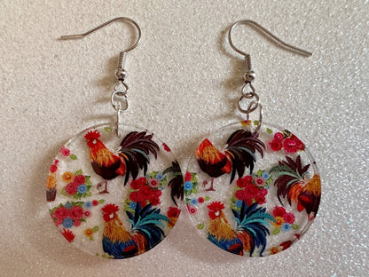 Rooster Earrings: Laser Cut Acrylic Chickens, Rooster, Farm Animals, Cottage Core, Chicks, Hens, Birds, Country, Best Gifts for Her/Him/Them