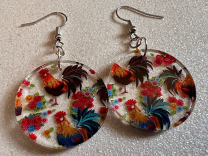 Rooster Earrings: Laser Cut Acrylic Chickens, Rooster, Farm Animals, Cottage Core, Chicks, Hens, Birds, Country, Best Gifts for Her/Him/Them