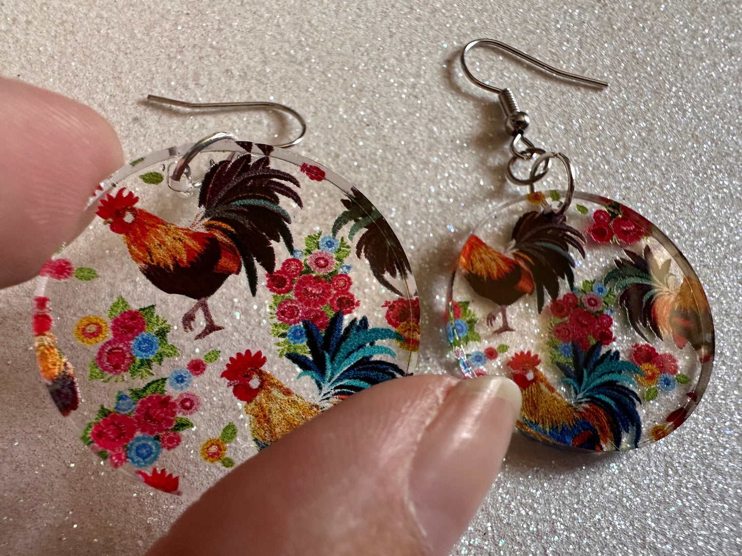 Rooster Earrings: Laser Cut Acrylic Chickens, Rooster, Farm Animals, Cottage Core, Chicks, Hens, Birds, Country, Best Gifts for Her/Him/Them