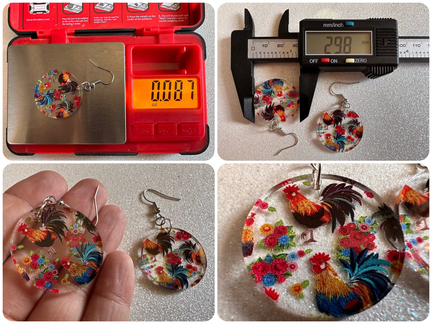 Rooster Earrings: Laser Cut Acrylic Chickens, Rooster, Farm Animals, Cottage Core, Chicks, Hens, Birds, Country, Best Gifts for Her/Him/Them