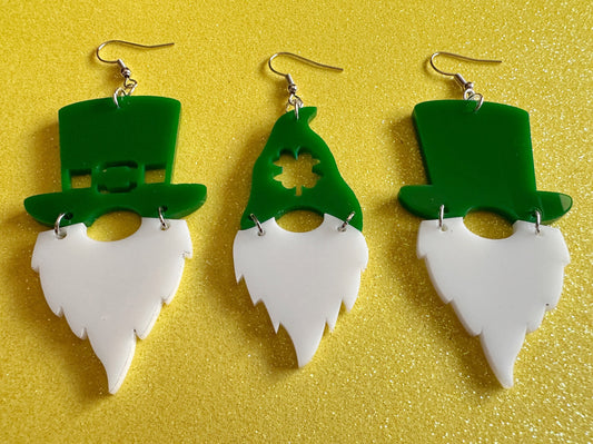 Saint Patrick's Day Gnome Earrings: Laser Cut Acrylic Gnomes, Green Earrings, St. Patrick's Day, Lucky, Leprechaun, Gifts for Her/Him/Them