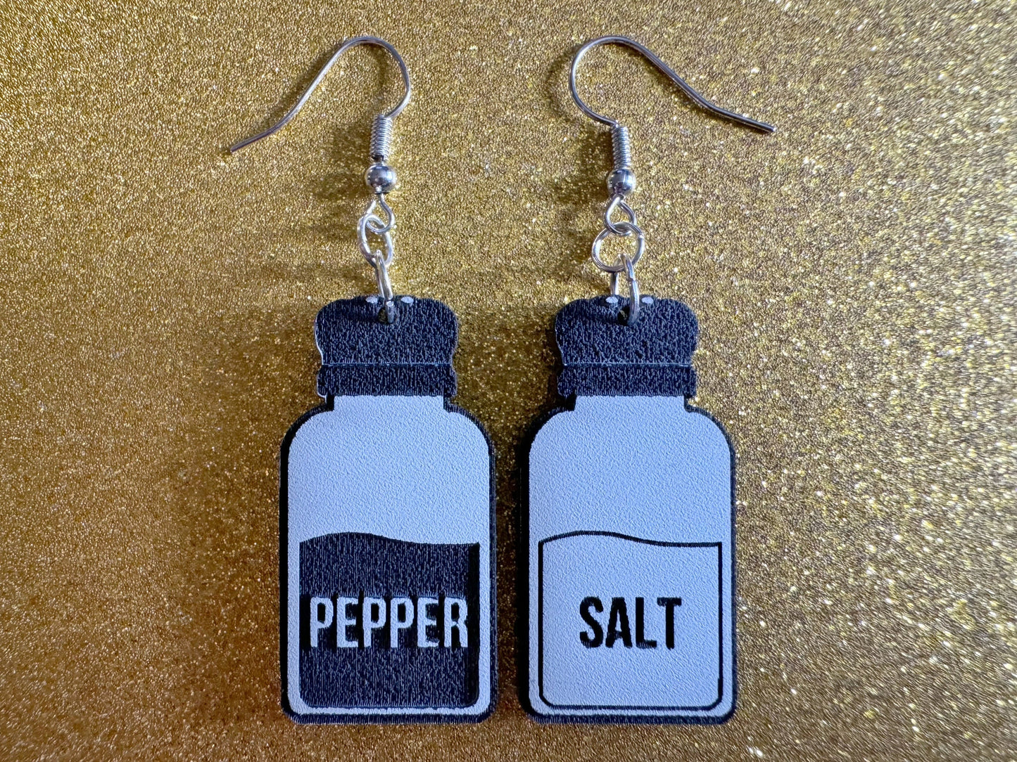 Salt & Pepper Earrings: Laser Cut Acrylic Food Earrings, Spices, Condiments, Salty, Spicy, Chef, Cook, Cooking, Best Gifts for Her/Him/Them