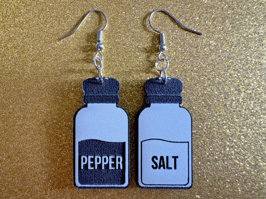 Salt & Pepper Earrings: Laser Cut Acrylic Food Earrings, Spices, Condiments, Salty, Spicy, Chef, Cook, Cooking, Best Gifts for Her/Him/Them