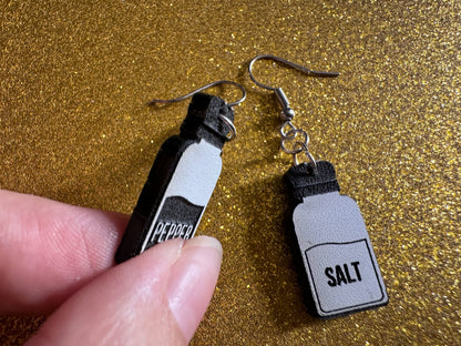 Salt & Pepper Earrings: Laser Cut Acrylic Food Earrings, Spices, Condiments, Salty, Spicy, Chef, Cook, Cooking, Best Gifts for Her/Him/Them