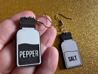 Salt & Pepper Earrings: Laser Cut Acrylic Food Earrings, Spices, Condiments, Salty, Spicy, Chef, Cook, Cooking, Best Gifts for Her/Him/Them
