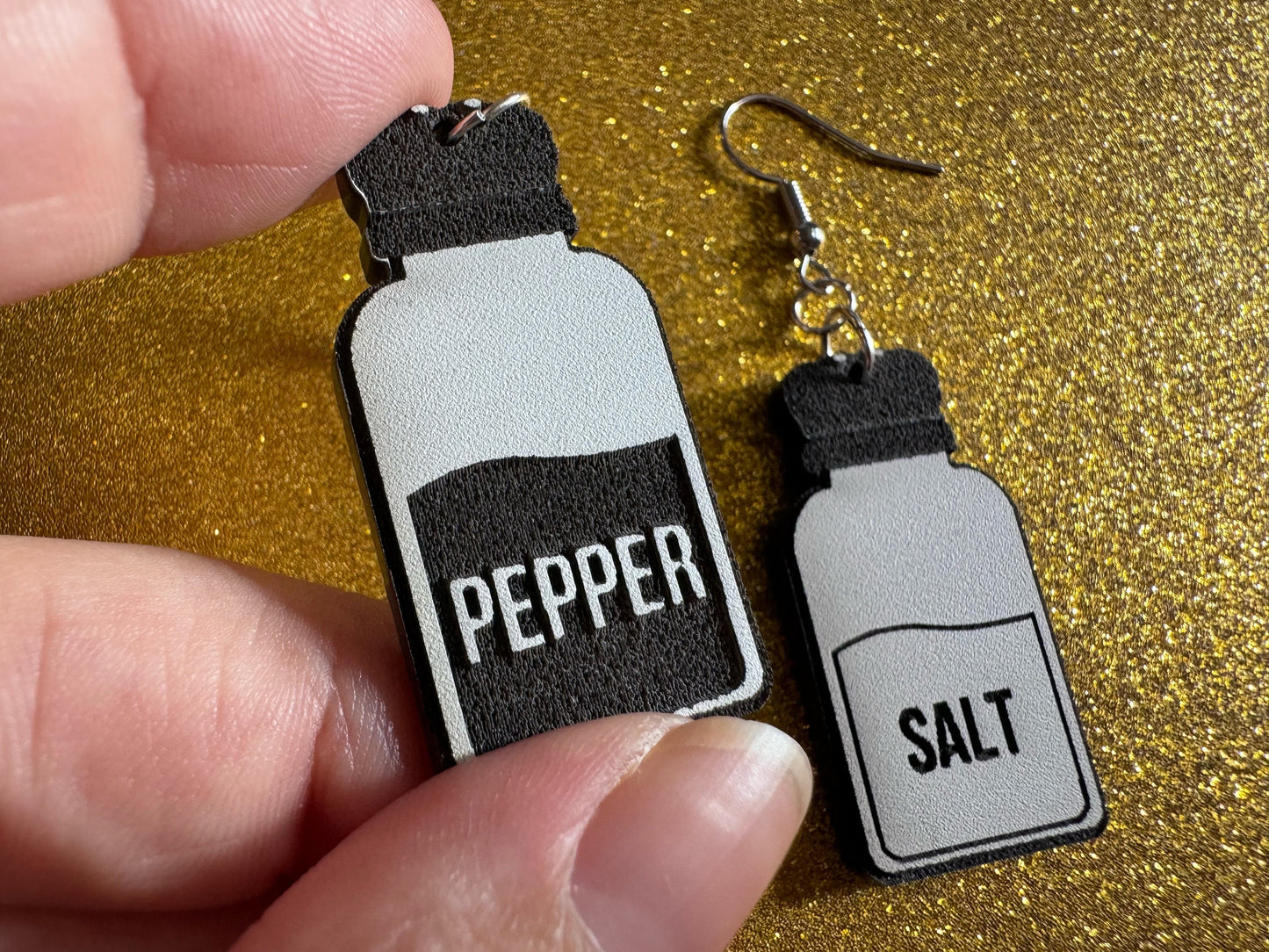 Salt & Pepper Earrings: Laser Cut Acrylic Food Earrings, Spices, Condiments, Salty, Spicy, Chef, Cook, Cooking, Best Gifts for Her/Him/Them