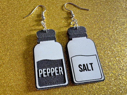 Salt & Pepper Earrings: Laser Cut Acrylic Food Earrings, Spices, Condiments, Salty, Spicy, Chef, Cook, Cooking, Best Gifts for Her/Him/Them