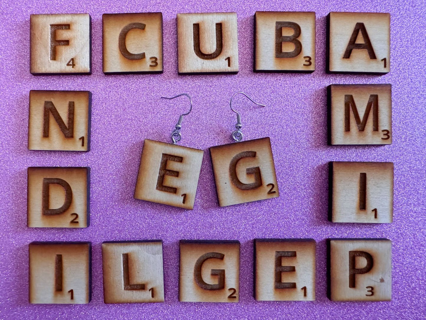Scrabble Tile Earrings: Laser Cut Wood Scrable Tiles, Game, Game Night, Words, Reading, Best Gifts for Her/Him/Them