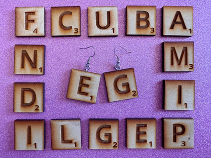 Scrabble Tile Earrings: Laser Cut Wood Scrable Tiles, Game, Game Night, Words, Reading, Best Gifts for Her/Him/Them