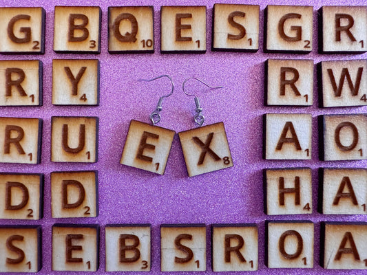 Scrabble Tile Earrings: Laser Cut Wood Scrable Tiles, Game, Game Night, Words, Reading, Best Gifts for Her/Him/Them