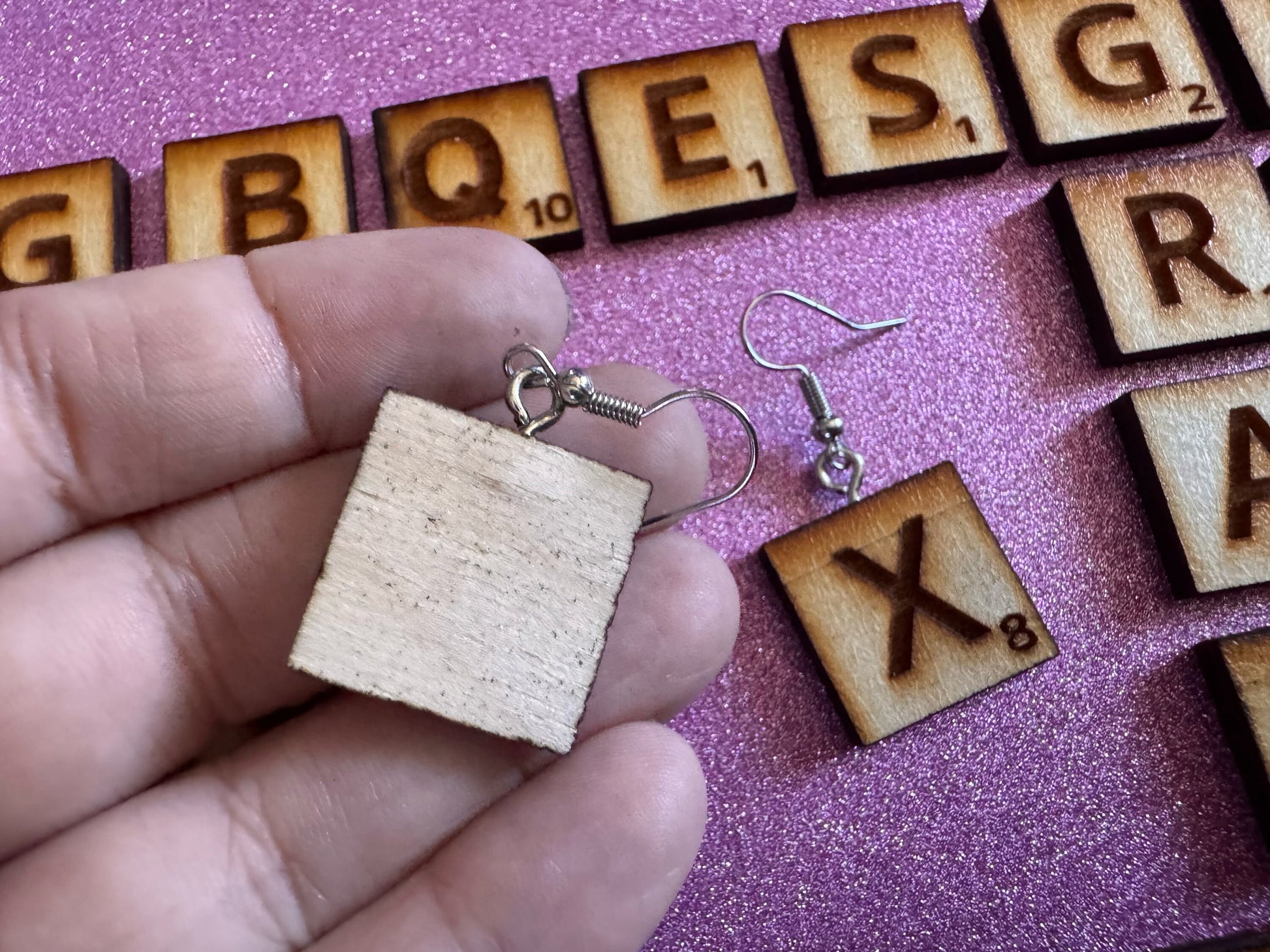 Scrabble Tile Earrings: Laser Cut Wood Scrable Tiles, Game, Game Night, Words, Reading, Best Gifts for Her/Him/Them