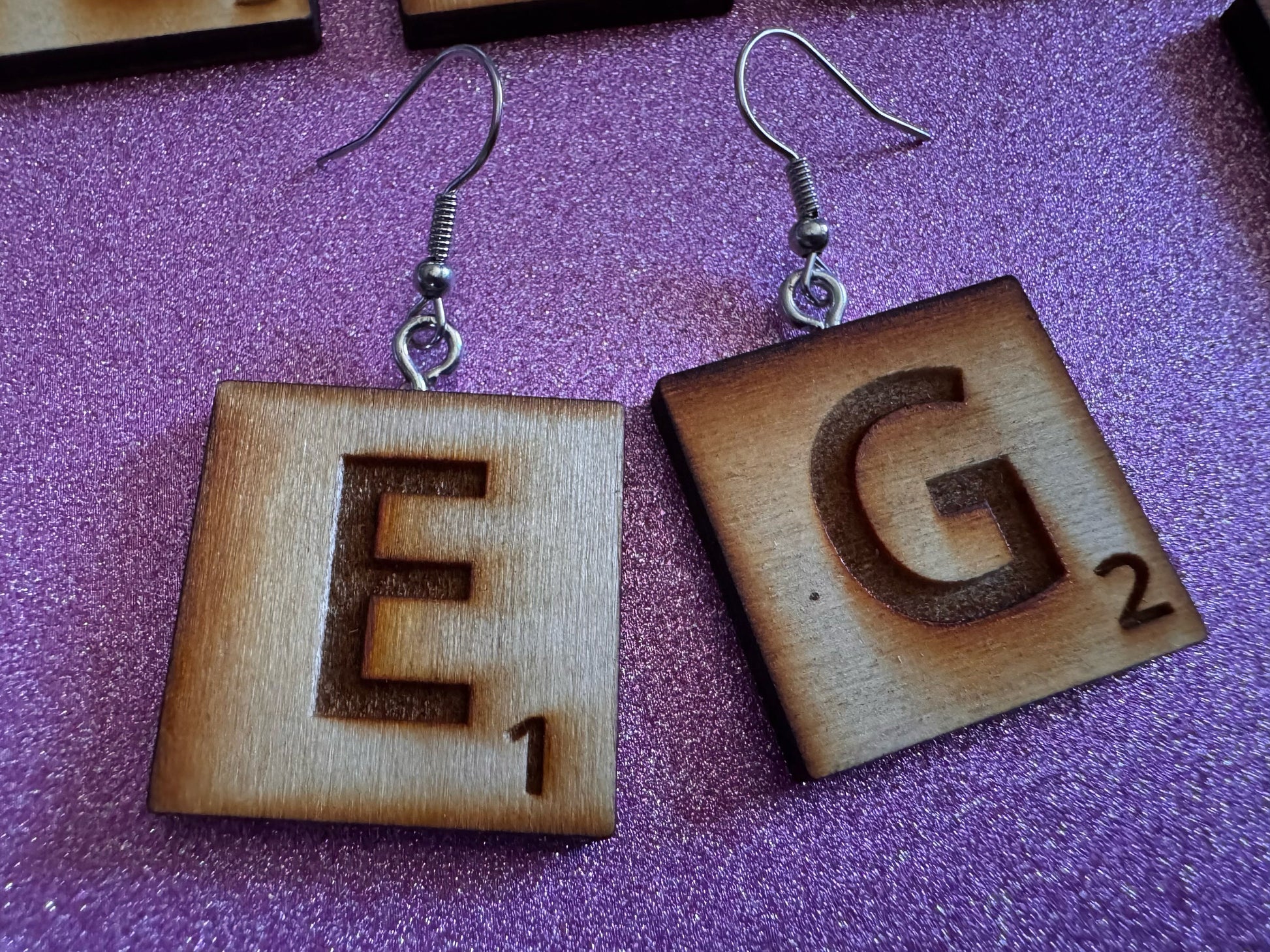 Scrabble Tile Earrings: Laser Cut Wood Scrable Tiles, Game, Game Night, Words, Reading, Best Gifts for Her/Him/Them