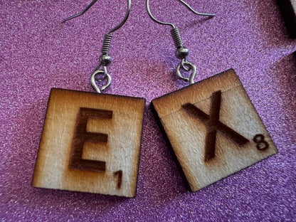 Scrabble Tile Earrings: Laser Cut Wood Scrable Tiles, Game, Game Night, Words, Reading, Best Gifts for Her/Him/Them