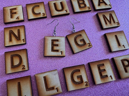Scrabble Tile Earrings: Laser Cut Wood Scrable Tiles, Game, Game Night, Words, Reading, Best Gifts for Her/Him/Them