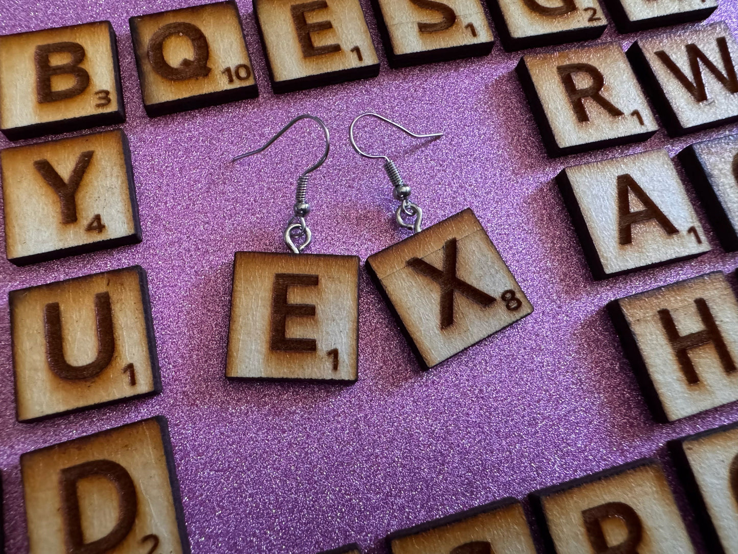 Scrabble Tile Earrings: Laser Cut Wood Scrable Tiles, Game, Game Night, Words, Reading, Best Gifts for Her/Him/Them