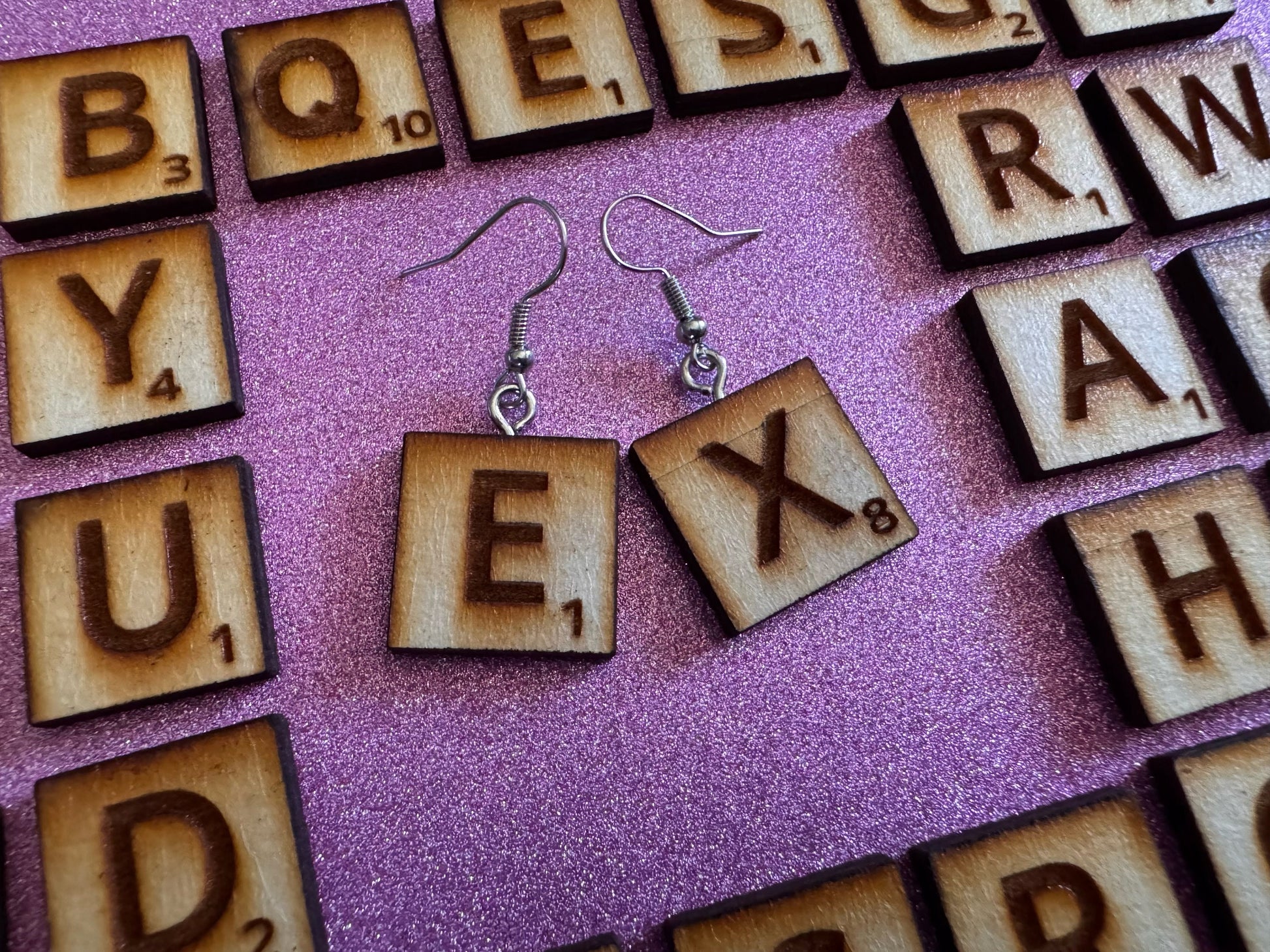 Scrabble Tile Earrings: Laser Cut Wood Scrable Tiles, Game, Game Night, Words, Reading, Best Gifts for Her/Him/Them