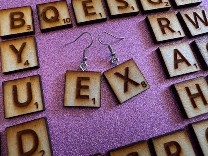 Scrabble Tile Earrings: Laser Cut Wood Scrable Tiles, Game, Game Night, Words, Reading, Best Gifts for Her/Him/Them