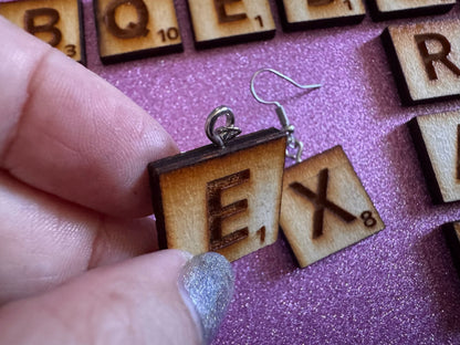 Scrabble Tile Earrings: Laser Cut Wood Scrable Tiles, Game, Game Night, Words, Reading, Best Gifts for Her/Him/Them