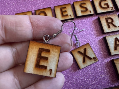 Scrabble Tile Earrings: Laser Cut Wood Scrable Tiles, Game, Game Night, Words, Reading, Best Gifts for Her/Him/Them