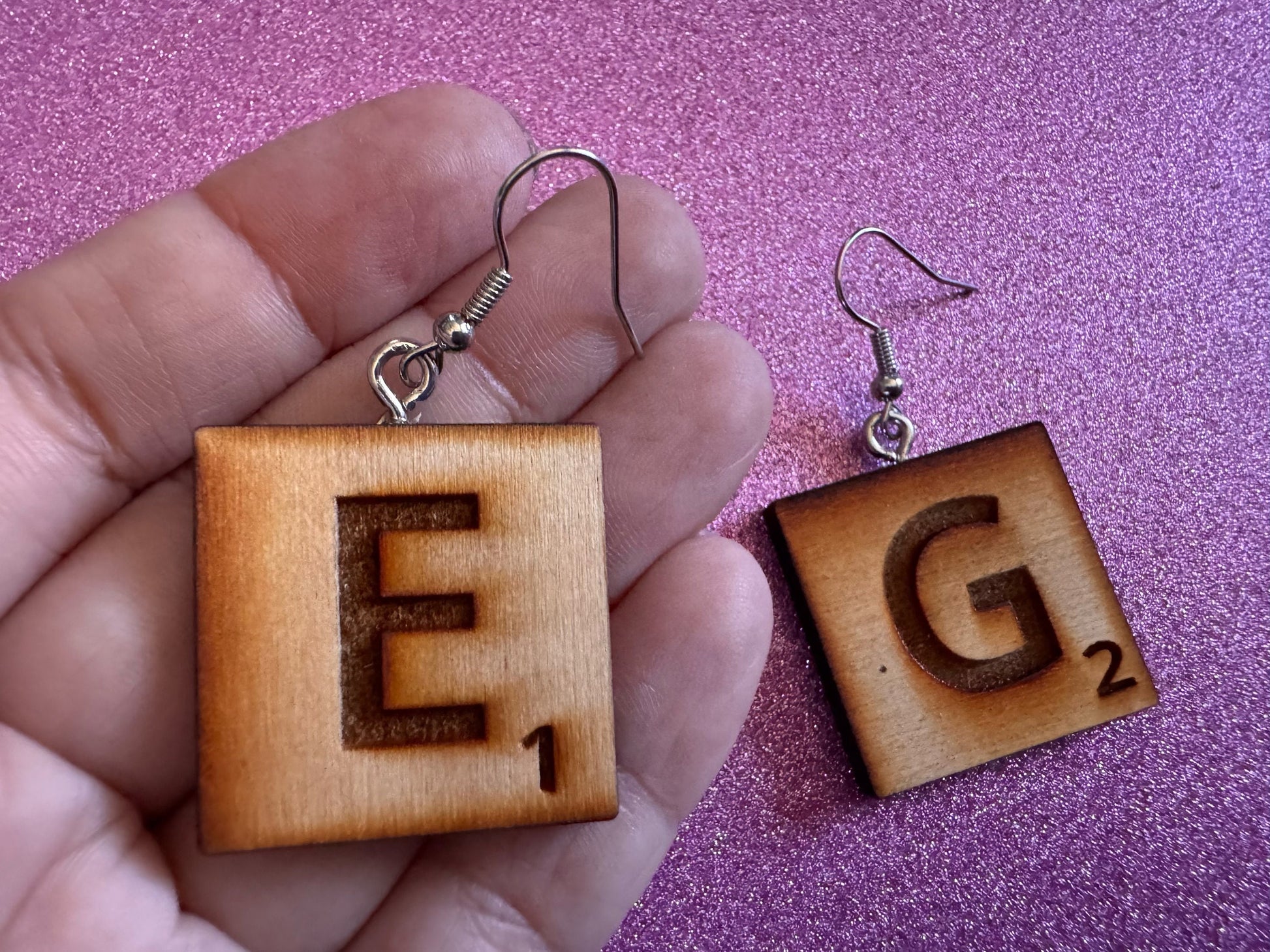Scrabble Tile Earrings: Laser Cut Wood Scrable Tiles, Game, Game Night, Words, Reading, Best Gifts for Her/Him/Them