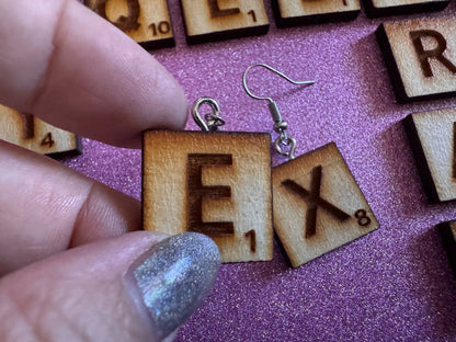 Scrabble Tile Earrings: Laser Cut Wood Scrable Tiles, Game, Game Night, Words, Reading, Best Gifts for Her/Him/Them