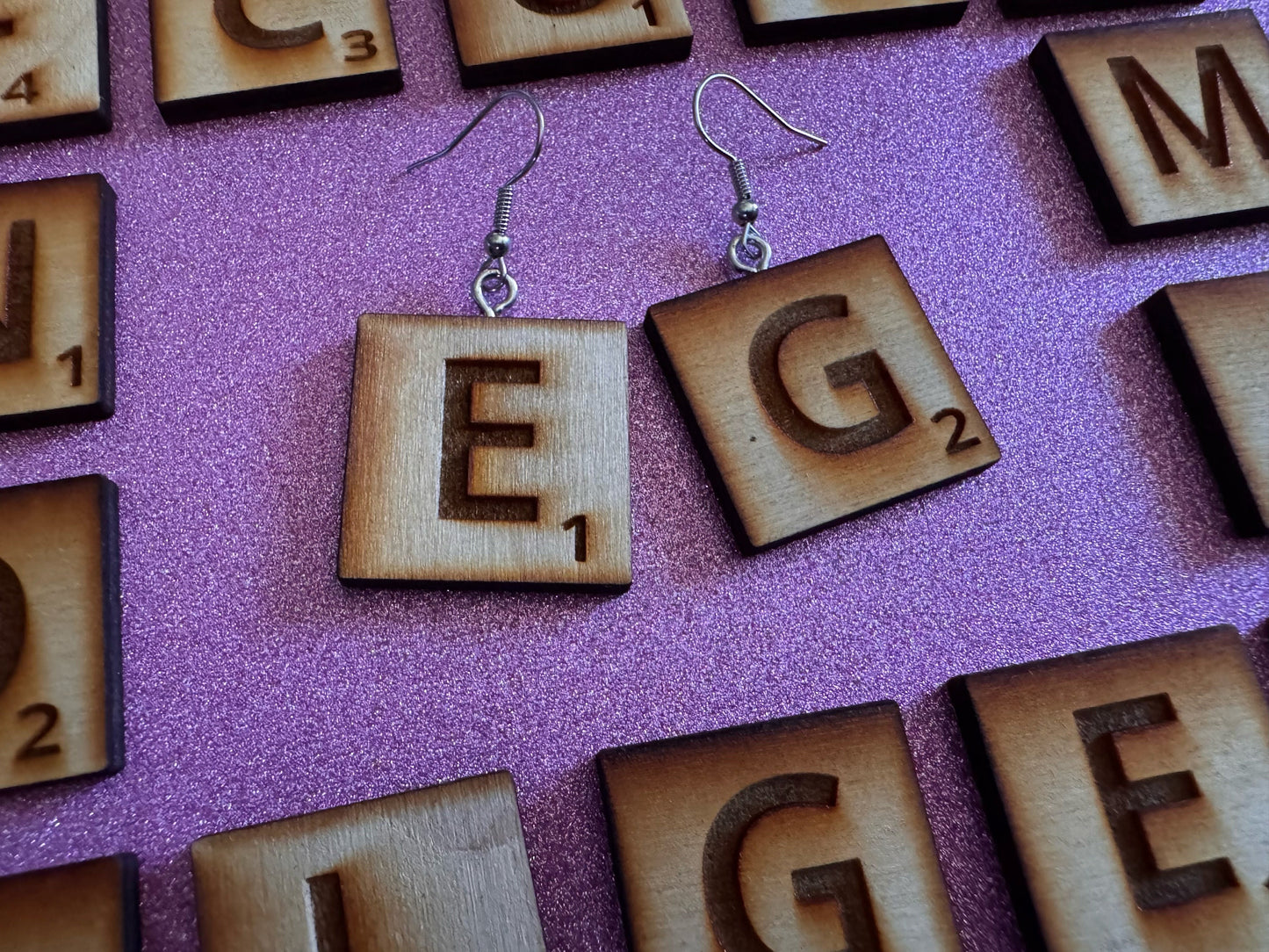 Scrabble Tile Earrings: Laser Cut Wood Scrable Tiles, Game, Game Night, Words, Reading, Best Gifts for Her/Him/Them