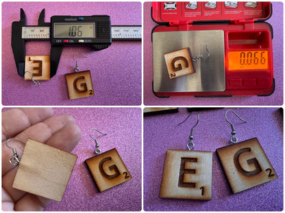 Scrabble Tile Earrings: Laser Cut Wood Scrable Tiles, Game, Game Night, Words, Reading, Best Gifts for Her/Him/Them