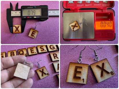 Scrabble Tile Earrings: Laser Cut Wood Scrable Tiles, Game, Game Night, Words, Reading, Best Gifts for Her/Him/Them
