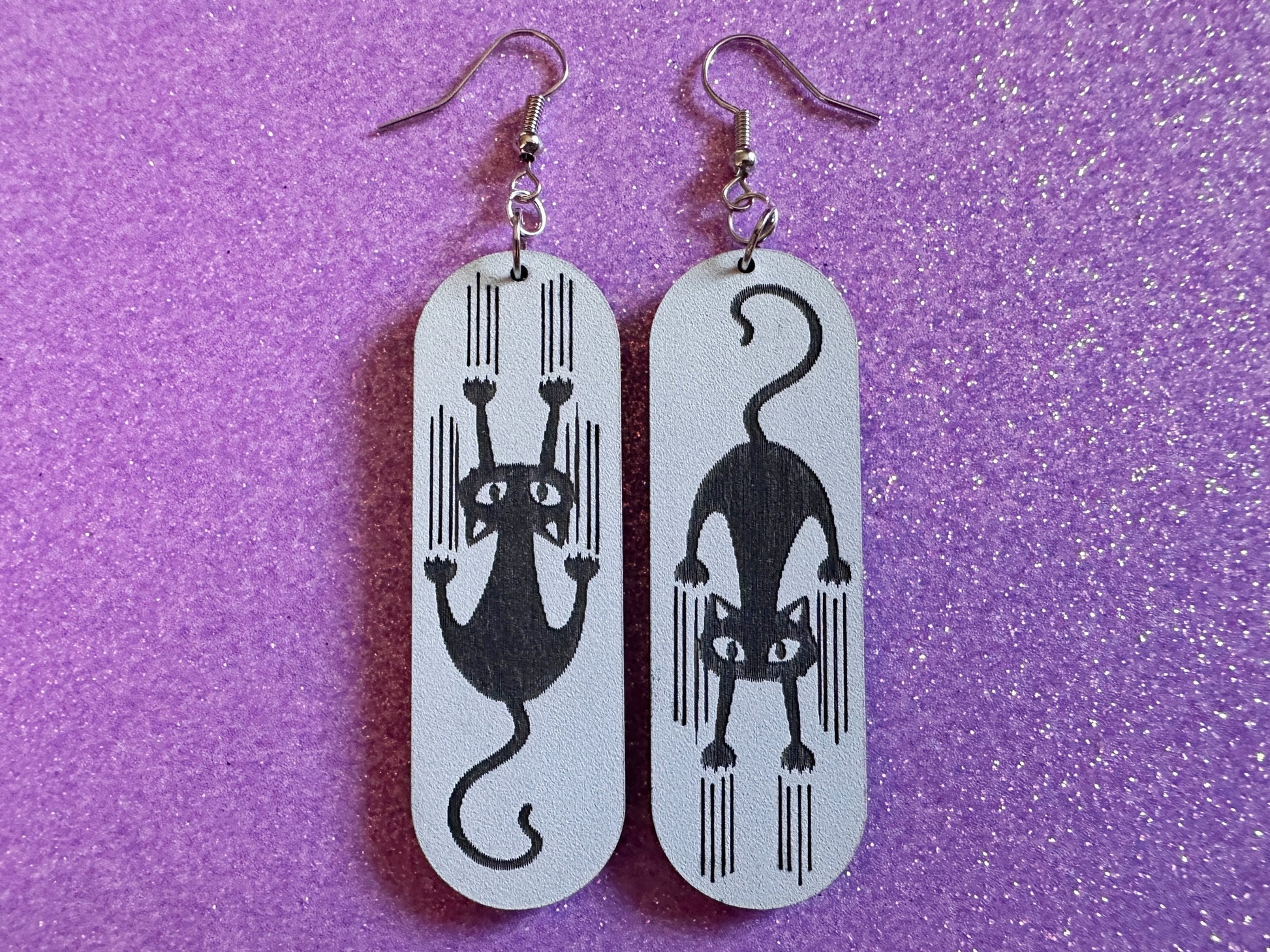 Scratching Cat Earrings: Laser Cut Acrylic Cats, Kitty, Kitten, Pussy Cat, Animal, Feline, Black Cat, White Cat, Best Gifts for Her/Him/Them