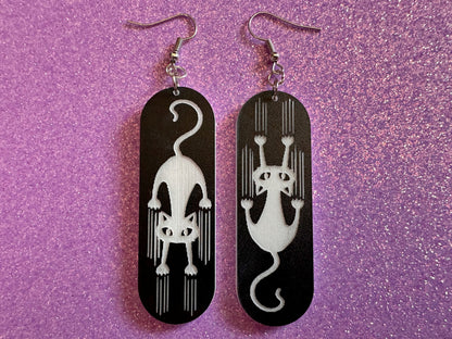 Scratching Cat Earrings: Laser Cut Acrylic Cats, Kitty, Kitten, Pussy Cat, Animal, Feline, Black Cat, White Cat, Best Gifts for Her/Him/Them