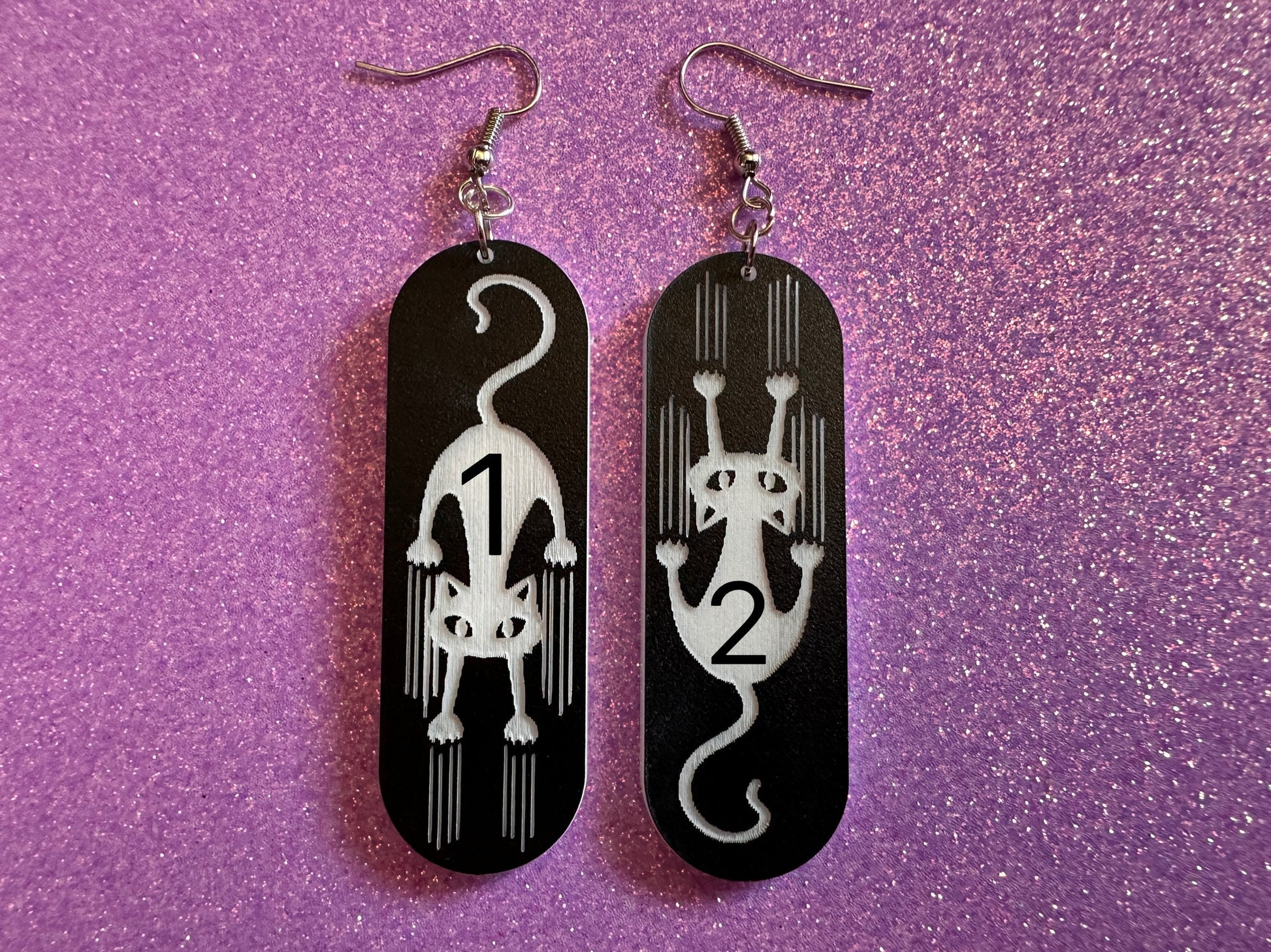 Scratching Cat Earrings: Laser Cut Acrylic Cats, Kitty, Kitten, Pussy Cat, Animal, Feline, Black Cat, White Cat, Best Gifts for Her/Him/Them